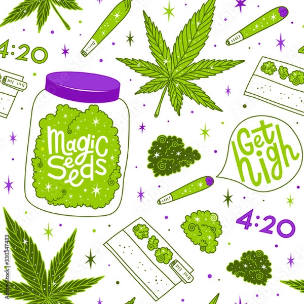 Obraz Marihuana bezszwowe wektor wzór. Konsumpcja narkotyków, marihuana i narkotyki. Naćpać się. Napis Magic Seeds. Zabawa doodle ilustracja sprzęt do palenia.