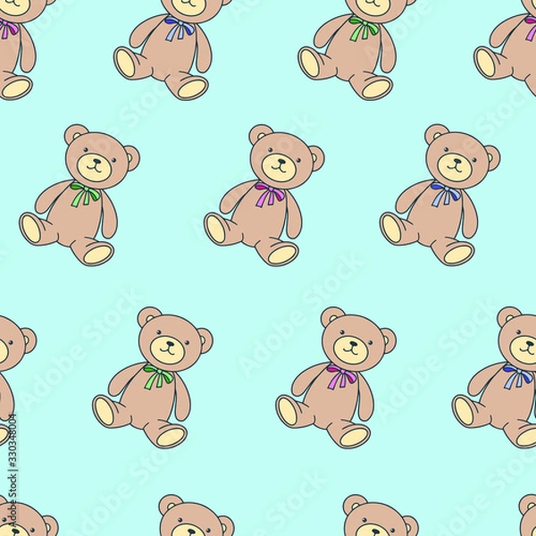Fototapeta Seamless pattern with a teddy bear on a blue background. Vector