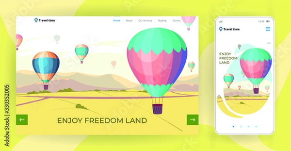Fototapeta Hot air balloons website booking page template vector illustration. Landing page adventure booking concept with hot air balloons at  mountain landscape for travel web page interface layout