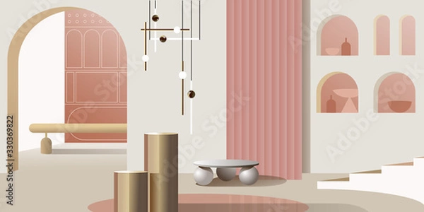 Fototapeta Abstract modern Interior in pastel shades of pink. Vector mockup for background a layout landing page or design advertising banner or booklet. Contemporary architecture illustration.