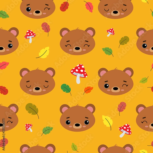 Fototapeta Seamless vector pattern with cute emotional bears. Wild animals on the background of autumn leaves and mushrooms. Autumn decor elements. For printing on fabric, wallpaper, postcards and baby products.