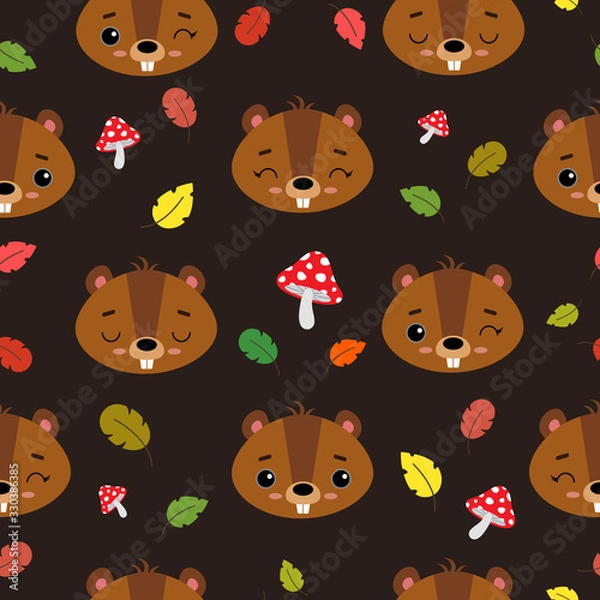 Fototapeta Seamless vector pattern with cute emotional beavers. Wild animals on the background of autumn leaves and mushrooms. Autumn decor elements. For printing on fabric, wallpaper, postcards and baby product