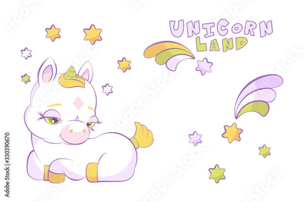 Fototapeta Cute little white unicorn in a star wreath and shooting star