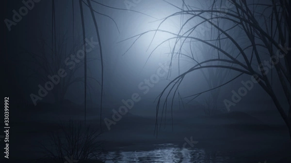 Fototapeta dark and foggy forest swamp 3d rendering illustration background