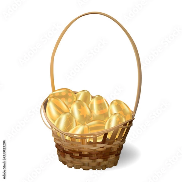 Fototapeta Easter hunting concept. Golden Easter eggs with patterns lie in a wicker basket. Realistic vector isolated on white background.