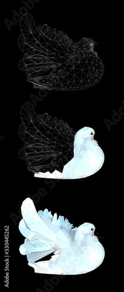 Fototapeta White dove pigeon low poly triangular vector illustration isolated on black. Polygonal style trendy modern logo business design template for wedding invitations. Symbol of peace, freedom and victory.