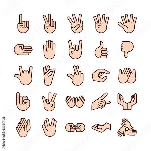 Fototapeta bundle of hands signals line and fill style icon