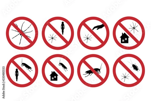 Fototapeta Collection of vector silhouette no spider and cockroach mark on white background. Symbol of stop insect.