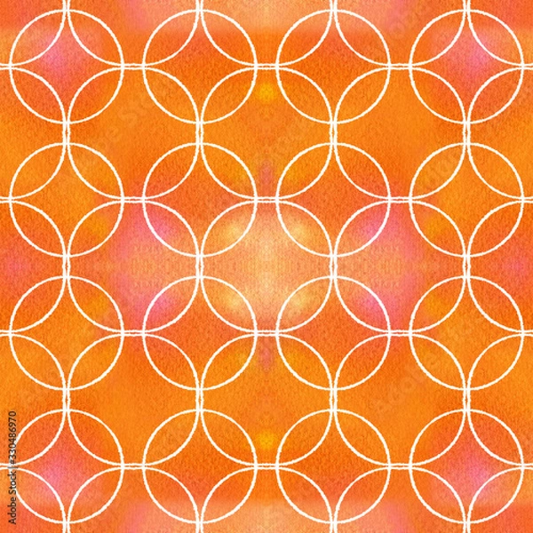 Fototapeta White textured circles on orange and yellow watercolor paper. Geometric abstract background, seamless pattern. Good for backgrounds, wrapping paper, postcards