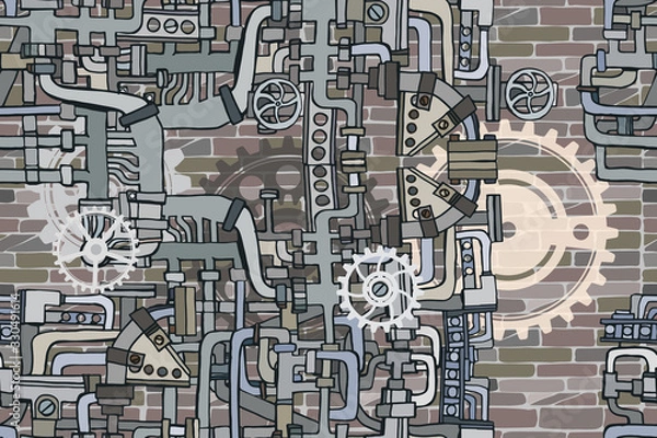 Obraz Abstract industrial illustration with fictional gearwheels and abstract details of machines featuring retro technology or steampunk concept. Hand drawn.