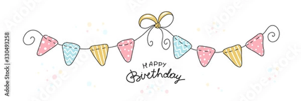 Fototapeta Happy birthday party, flat illustration with typography. Concept B-day. Anniversary celebration. Vector for design t-shirts, cards and posters.