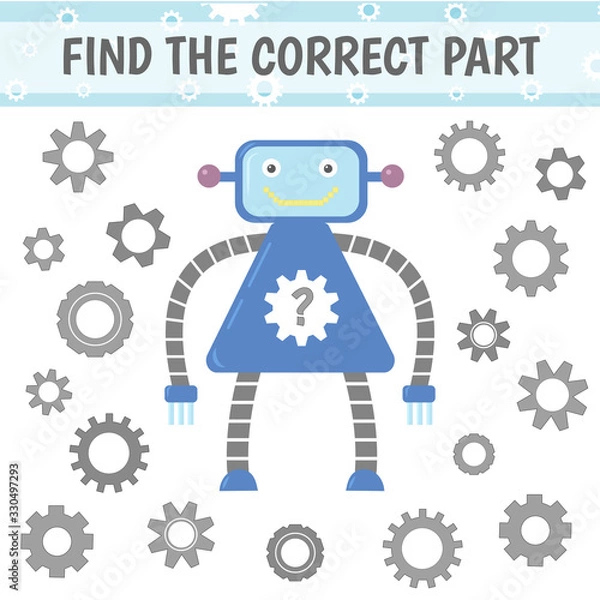 Fototapeta Educational game for children find the correct gear. Game with robot. Vector illustration.