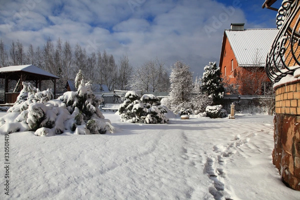 Fototapeta Spring in the Moscow region. Snow fell yesterday. 2020 March 15.