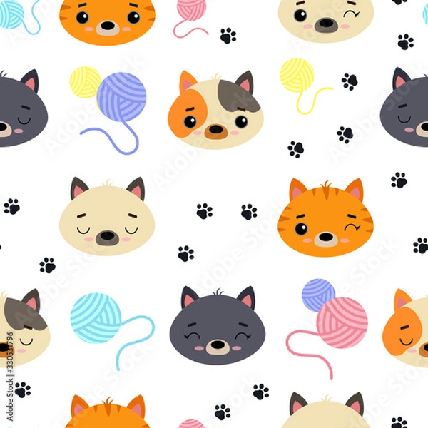 Fototapeta Seamless vector pattern with colorful cats, balls of thread and footprints. Cute emotional Pets on a white background. Creative design for printing on fabric, Wallpaper and children 's products.