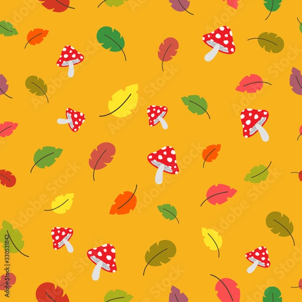 Fototapeta Seamless vector pattern with autumn elements. Cute colorful bright plant leaves and forest mushrooms on a yellow background. Creative design for printing on fabric, Wallpaper and children 's products.