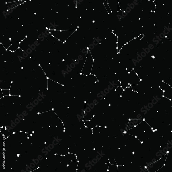 Fototapeta Seamless vector pattern with white zodiacal constellations on black background. Zodiac signs. Space background.