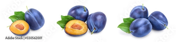 Fototapeta fresh blue plum with leaves isolated on white background. Set or collection