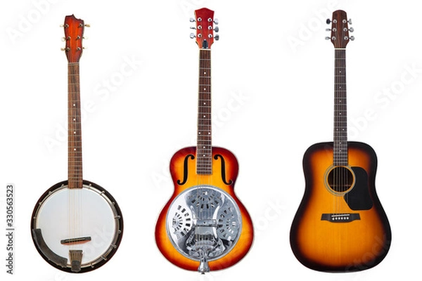 Fototapeta a set of three classic stringed musical instruments a six-string resonator guitar, a six- string acoustic guitar and a six- string banjo isolated on a white background