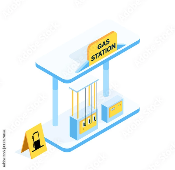 Obraz Vector isometric blue Gas Station with yellow banner illustration. Fuel, hoses for a set of gasoline, a sign with the name of the gas station
