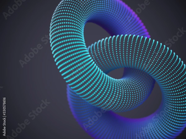 Fototapeta Połączony torus 3D złożony ze świecących cząstek na ciemnym tle. Abstrakcyjna wizualizacja połączenia sieciowego i globalnego. Ilustracja wektorowa cyfrowych kształtów geometrycznych.