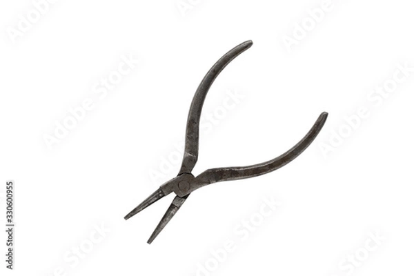 Fototapeta Old round pliers for jewelry work, isolated on a white background. Puller snap ring pliers. Isolated old and rusty round-nose pliers.