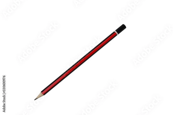Fototapeta Wooden pencil with red and black stripes. A wooden graphite pencil with a rubber eraser is isolated on a white background.