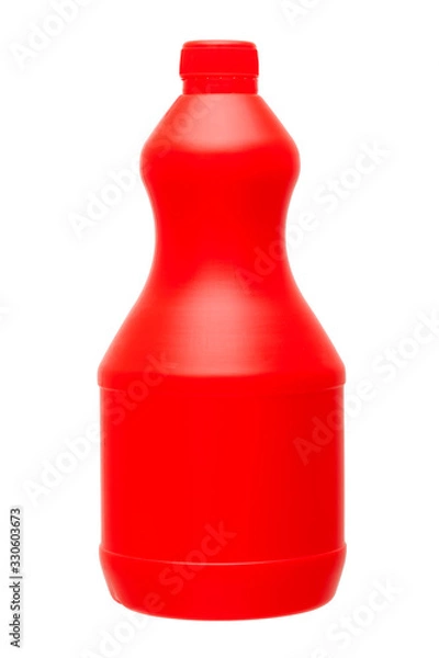 Fototapeta red plastic detergent bottle with cap isolated on a white background.