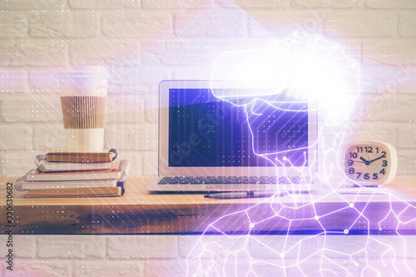 Obraz Computer on desktop with AR theme icon. Multi exposure. Concept of augmented reality.