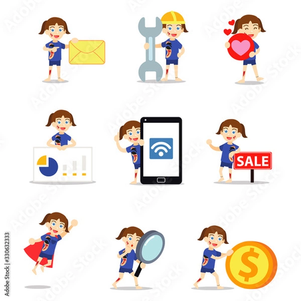 Fototapeta Set character of woman for avoiding shark attacks when swimming on the beach.