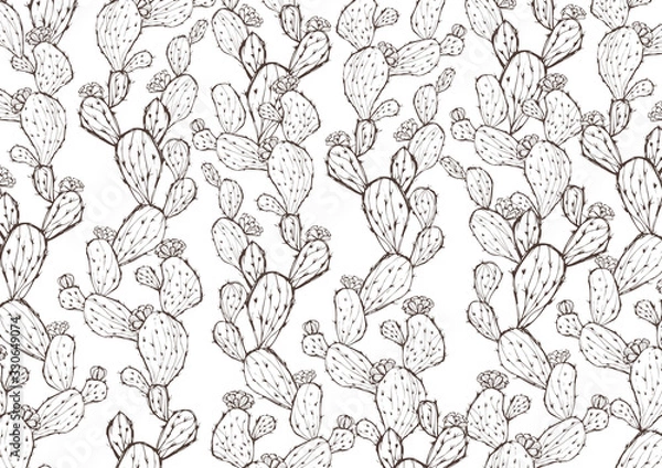 Fototapeta レトロなサボテン柄の背景素材　白　手書きイラスト　メニュー表　植物柄