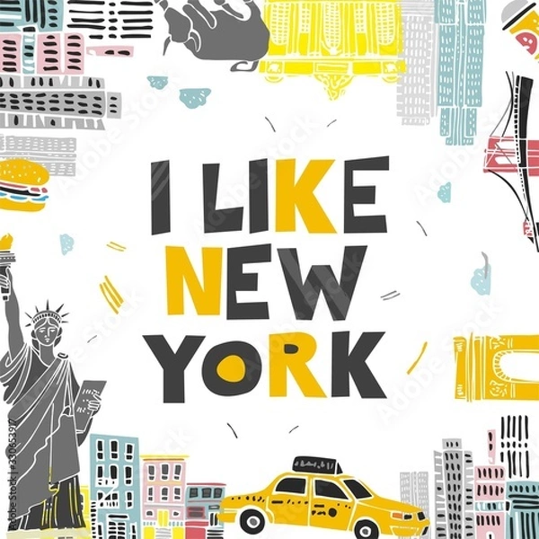 Obraz Ozdobny baner z symbolami i atrakcjami oraz napisem I love New York. Pocztówka dla turystów, przewodniki turystyczne, zaproszenia. Plakat do dekoracji ścian w pokoju, klasie. Ilustracji wektorowych.