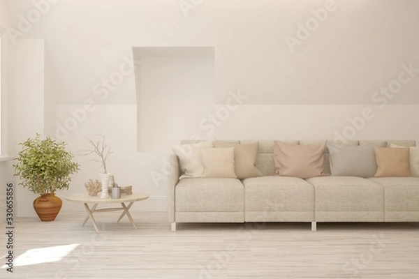 Fototapeta Modern living room in white color with sofa. Scandinavian interior design. 3D illustration