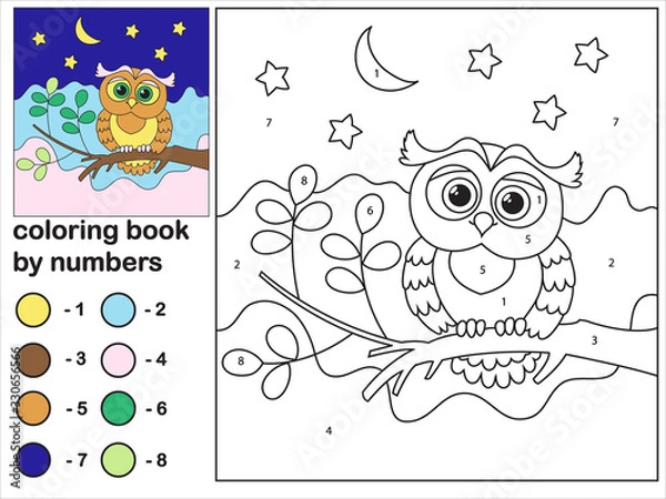 Obraz Cute owl and flowers vector coloring by numbers for kids. An educational coloring game will increase your imagination. Increase concentration.
