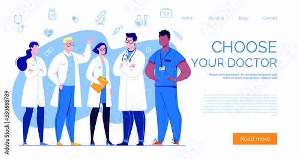 Fototapeta A team of doctors on a template for a website or landing page.