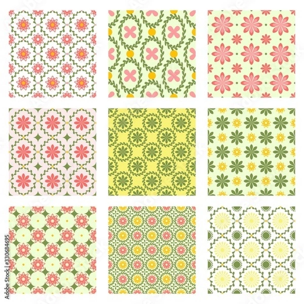 Fototapeta Spring floral pattern colleciton. Pink, yellow and green pattern elements in vector seamless pattern tiles. 