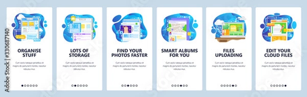Obraz Computer files cloud storage, edit file online, photo upload, orginizer. Mobile app onboarding screens. Menu vector banner template for website and mobile development. Web site design illustration
