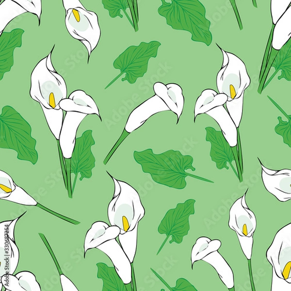 Fototapeta Seamless calla flowers pattern on green background