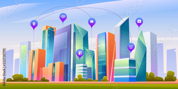 Fototapeta Smart city with wireless communication technology and Internet of things. Vector cartoon landscape with skyscrapers, green trees and infographic icons. Digital infrastructure in town