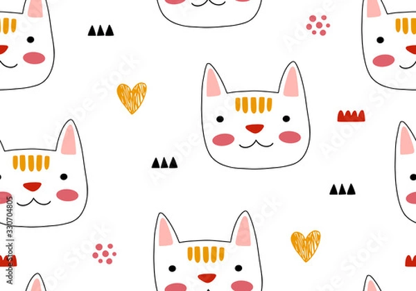 Fototapeta Animal seamless pattern with cat and different shapes. Abstract baby background illustration.