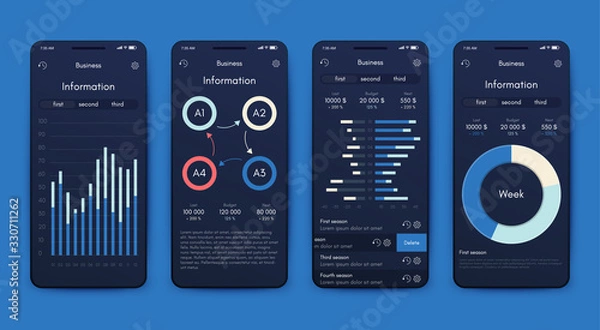 Fototapeta Modern infographic vector elements for business brochures. Use in website, corporate brochure, advertising and marketing. Pie charts, line graphs, bar graphs and timelines.