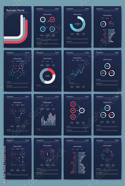 Fototapeta Modern infographic vector elements for business brochures. Use in website, corporate brochure, advertising and marketing. Pie charts, line graphs, bar graphs and timelines.