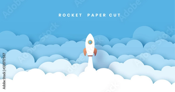 Obraz Ilustracja wektorowa koncepcja rakiety startowej poziomej białej księgi. Może być używany do projektowania stron internetowych i układu przepływu pracy. Z dużą ilością chmur. Niebieskie niebo. Streszczenie tło 3d.