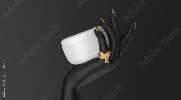 Fototapeta Black hand with white cream bottle mockup on dark background 3d render