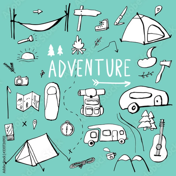 Obraz Adventure. Vector hand drawn isolated objects. sketch style.