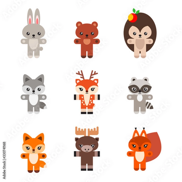 Fototapeta Set of woodland animals. Illustration of cute little animals (a fox, a wolf, a hare, a moose, a deer, a squirrel, a bear, a raccoon and a hedgehog) isolated on a white background. Vector 8 EPS