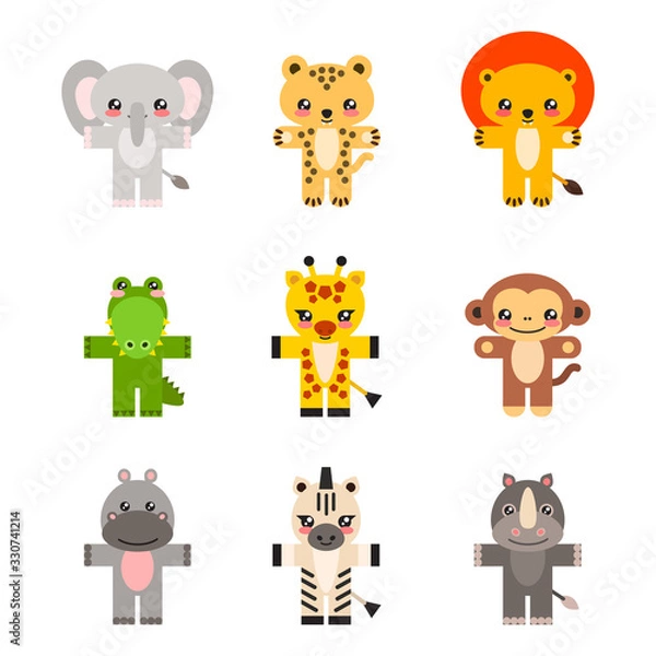 Fototapeta Set of african animals. Illustration of cute little animals (a giraffe, a lion, a cheetah, a hippo, a rhino, an elephant, a crocodile, a zebra and a monkey) isolated on a white background. Vector 8 EP