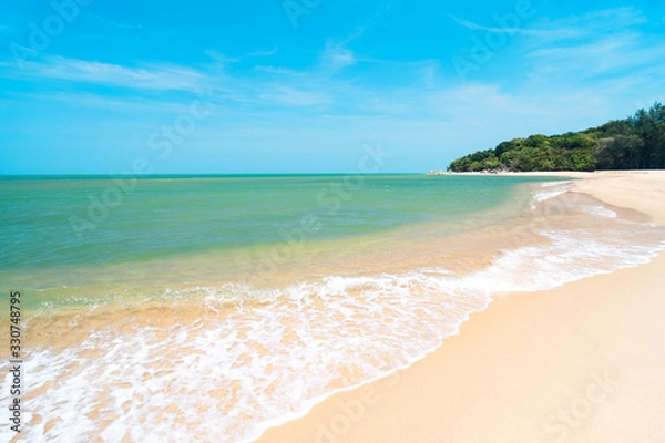 Obraz Beautiful tropical beach with blue sky and white clouds abstract texture background. Copy space of summer vacation and holiday business travel concept.