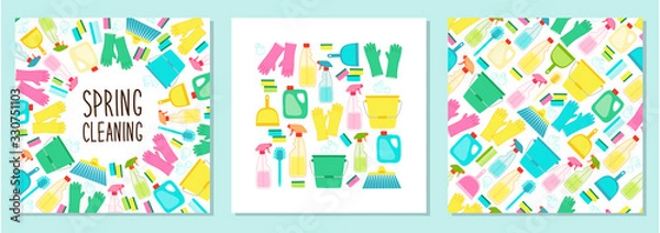 Fototapeta Cute set of spring cleaning utensils background in vivid eye catching colors
