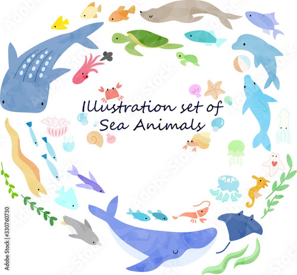 Obraz 海の生き物のイラストセット(絵本風)