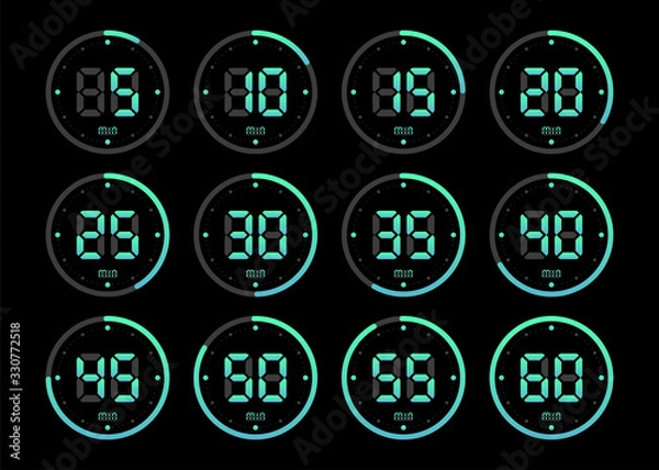 Fototapeta Timer, clock, stopwatch isolated set green gradient icons on black background. Vector